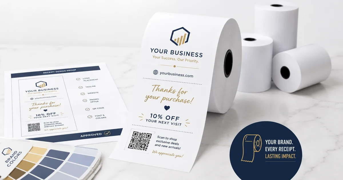 Custom printed receipt rolls with a business logo